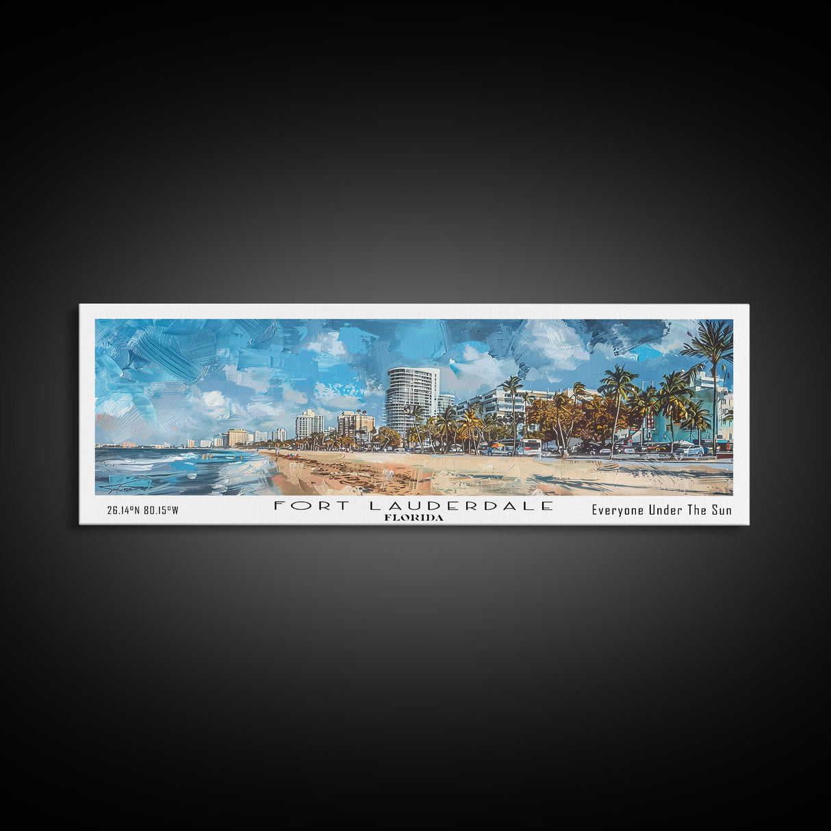 Fort Lauderdale Florida Panoramic Watercolor Painting, Scenic Framed Canvas Print, Urban Wall Art for Living Room, Travel Poster, Home Decor, City Gift Idea