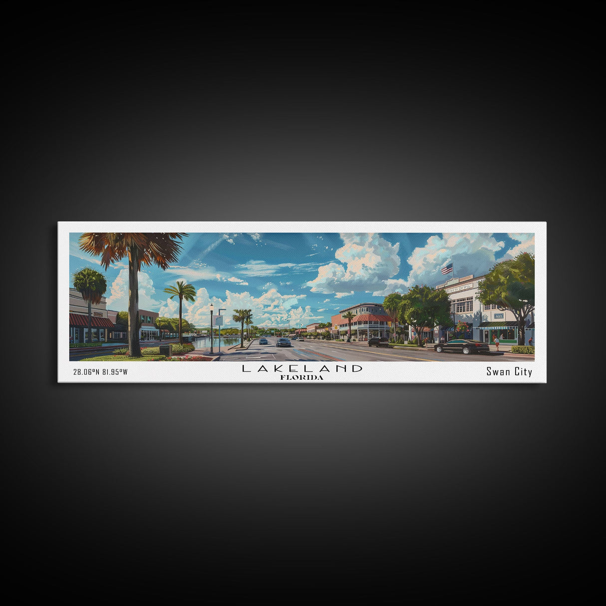 Lakeland Florida Panoramic Cityscape Wall Art, Watercolor Framed Canvas Print, Urban Painting for Living Room, Office Decor, Travel Poster