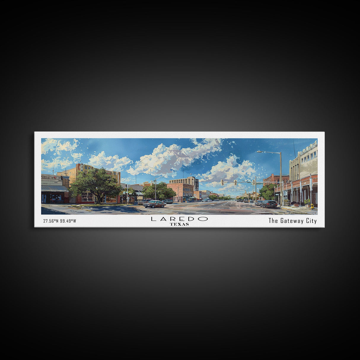 Laredo Texas Panoramic Cityscape Painting, Framed Canvas Print, Urban Decor, Office Wall Art, Watercolor Travel Poster, Home Decoration