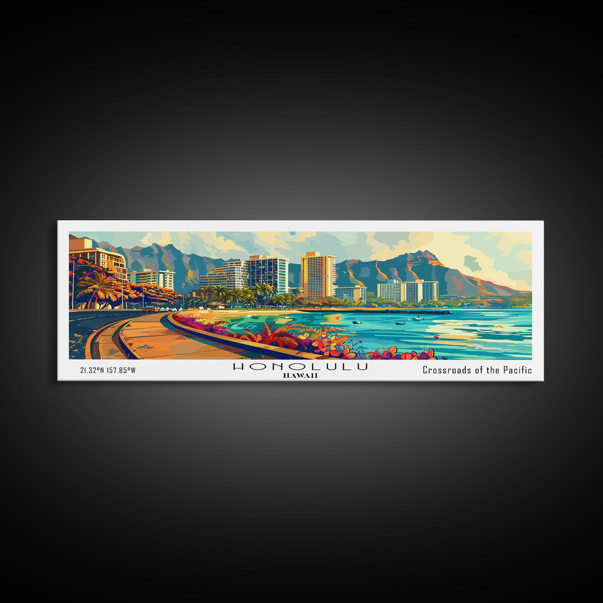 Honolulu Hawaii Panoramic Wall Art Framed Canvas Print, Mid Century Modern Art, Pop Art Style, Travel Poster, Home Decor, Retro Style