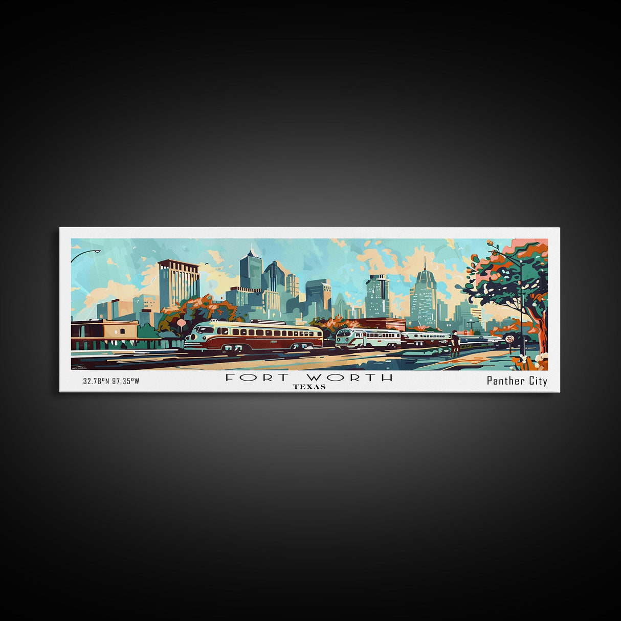 Fort Worth Texas Panoramic Wall Art, Mid Century Modern Framed Canvas Print, Retro Pop Art Travel Poster, Office Art, Living Room Decor