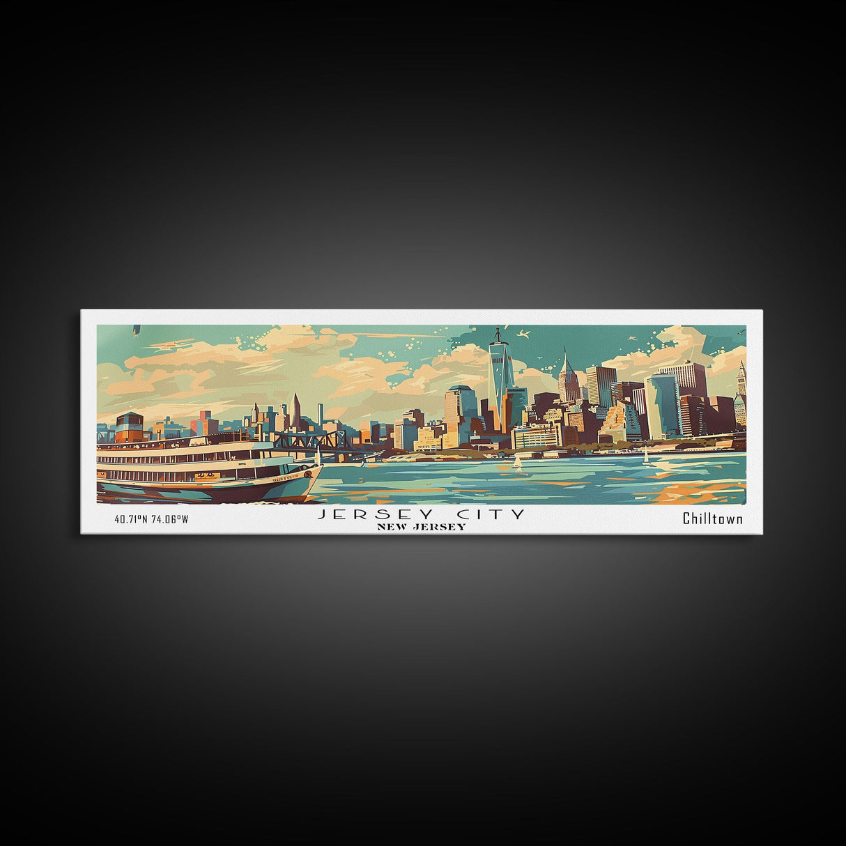 Jersey City New Jersey Panoramic Painting, Mid Century Modern Framed Canvas Print, Retro Pop Art Travel Poster, Wall Art, Home Decor, Office Wall Art, Living Room Decor