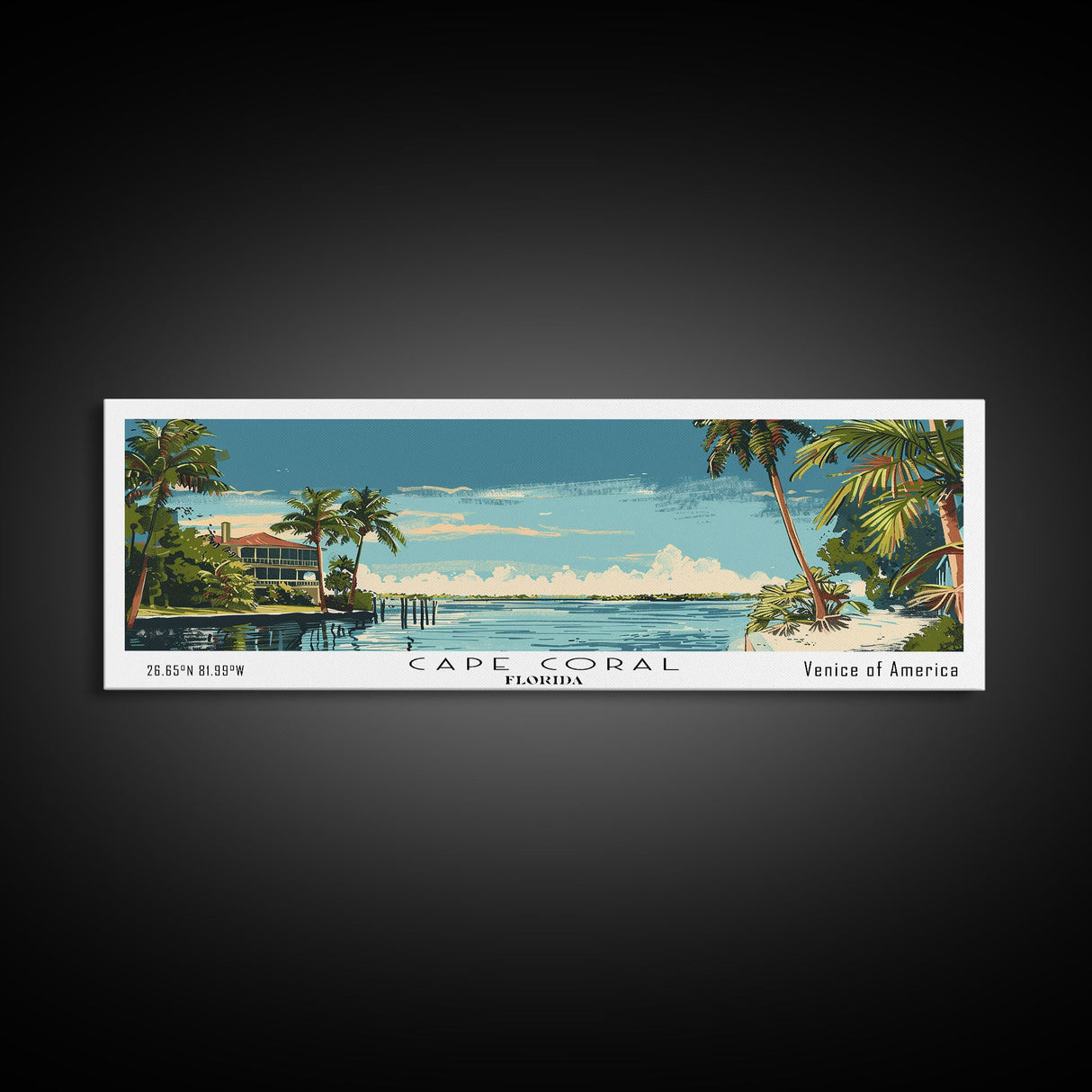 Cape Coral Florida Panoramic Painting, Mid Century Modern Framed Canvas Print, Retro Pop Art Travel Poster, Home Decor, City Print