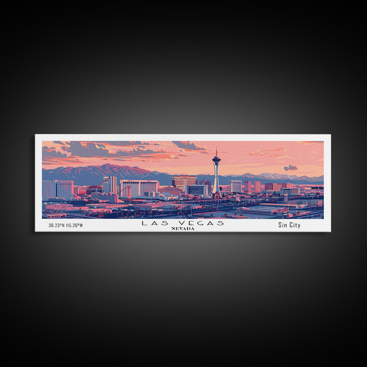 Las Vegas Nevada Panoramic Painting, Mid Century Modern Framed Canvas Print, Retro Pop Art Travel Poster, Living Room Art