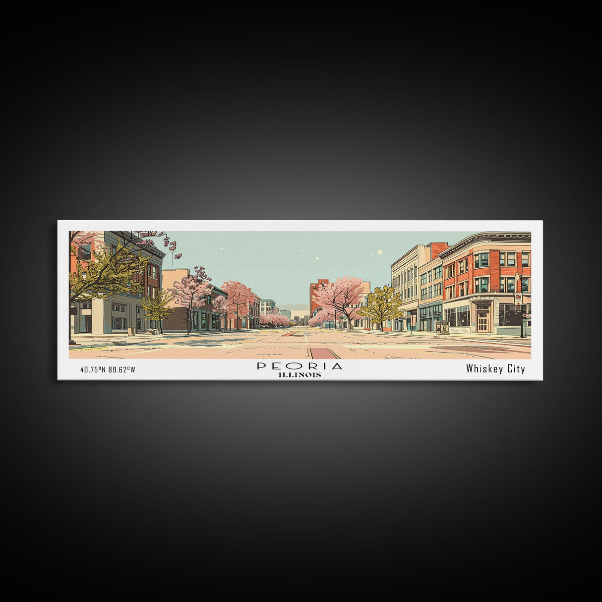 Peoria Illinois Panoramic Painting, Mid Century Modern Framed Canvas Print, Retro Pop Art Travel Poster, City Art, Office Wall Decor, Living Room Art