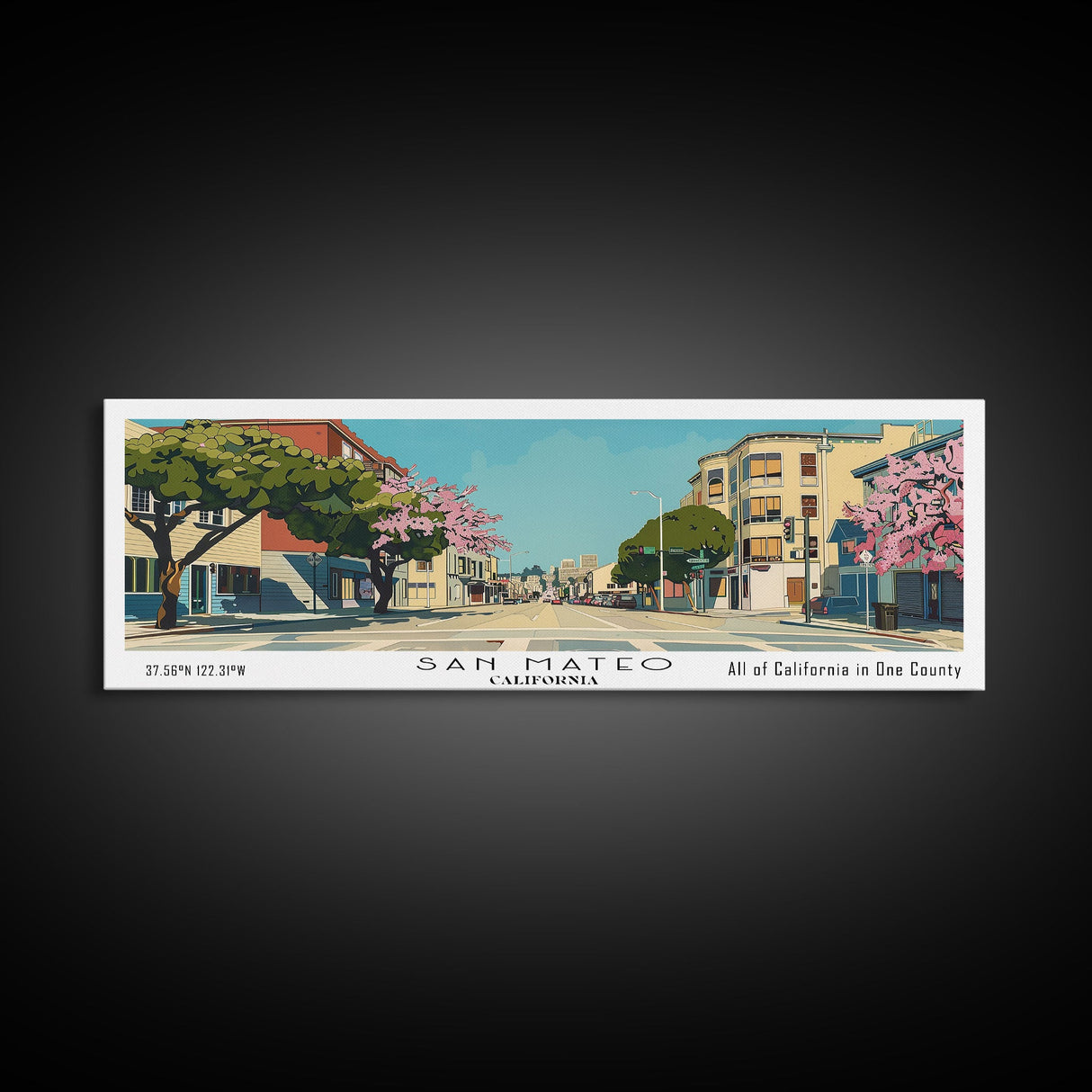 San Mateo California Panoramic Wall Art, Mid Century Modern Framed Canvas Print, Retro Pop Art Travel Poster, City Art, Office Wall Decor, Living Room Art