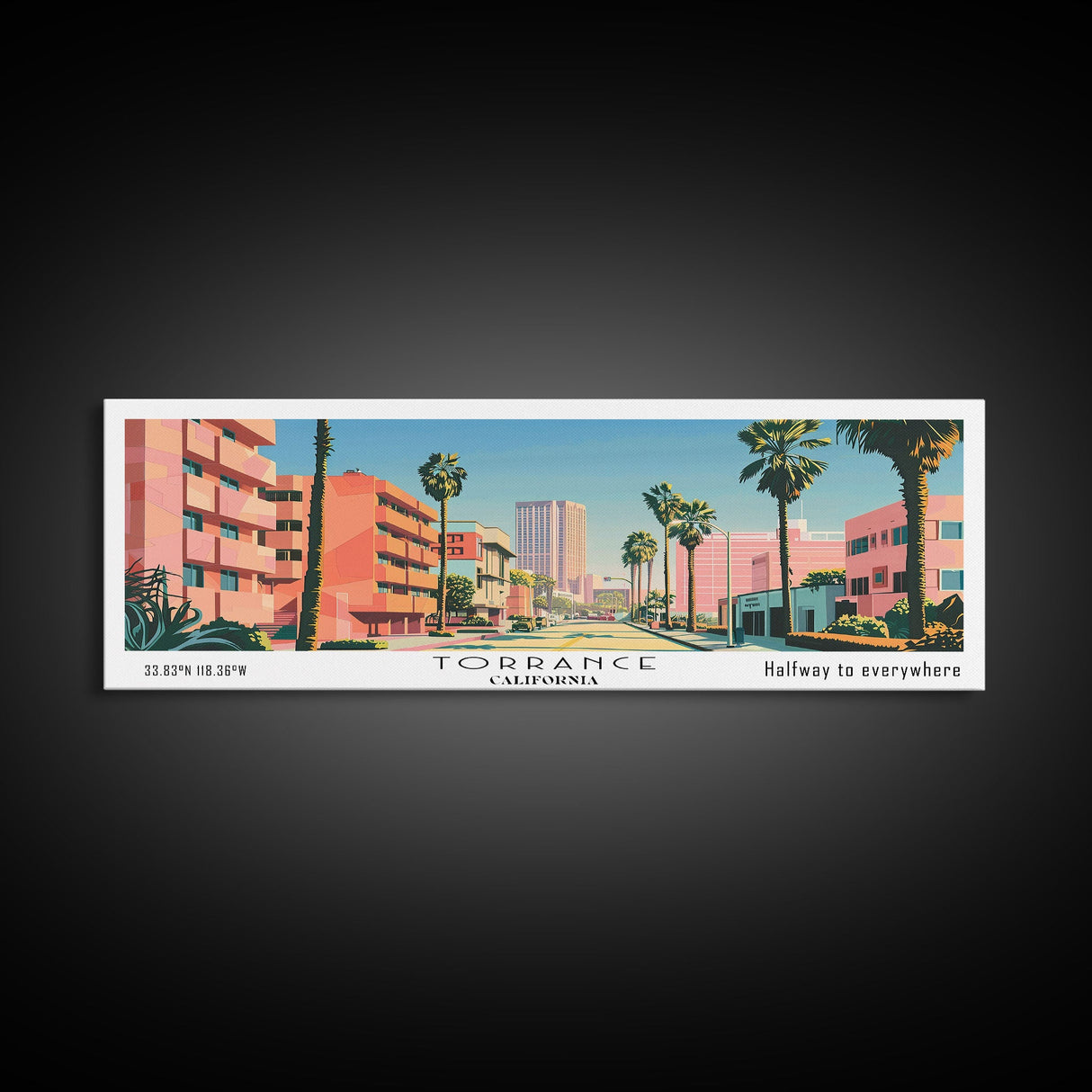 Torrance California Panoramic Wall Art, Mid Century Modern Framed Canvas Print, Retro Pop Art Travel Poster, Living Room and Office Decor