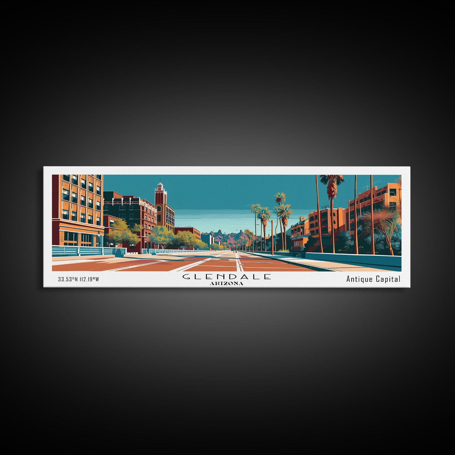 Glendale Arizona Panoramic Painting, Mid Century Modern Framed Canvas Print, City Art, Retro Pop Art Travel Poster, Living Room Decor, City Wall Art, Home Office Decor