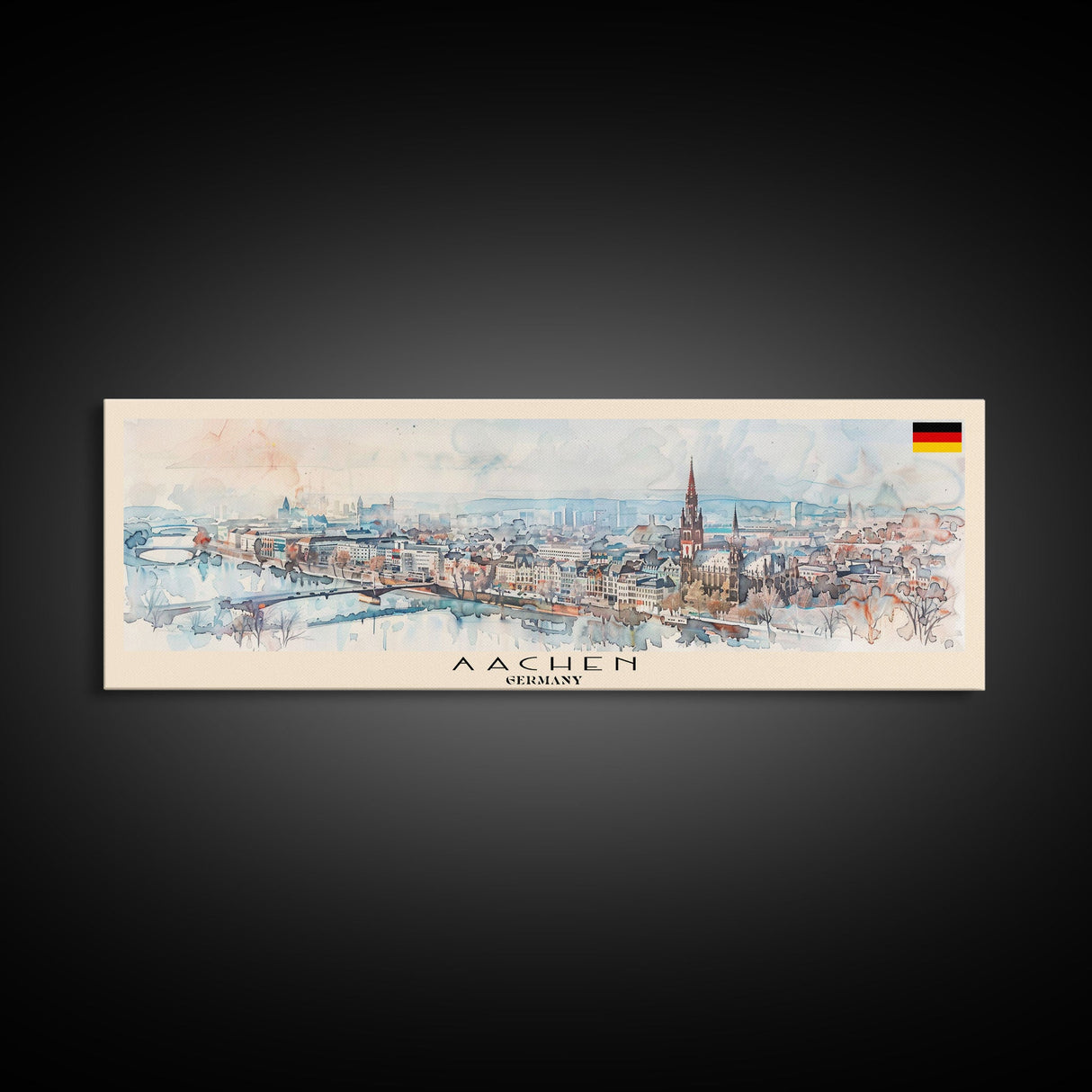 Aachen Germany Panoramic Travel Poster, Framed Canvas Print or Metal Wall Art, Travel Art, Home Decor, Panoramic Painting, Midcentury Art