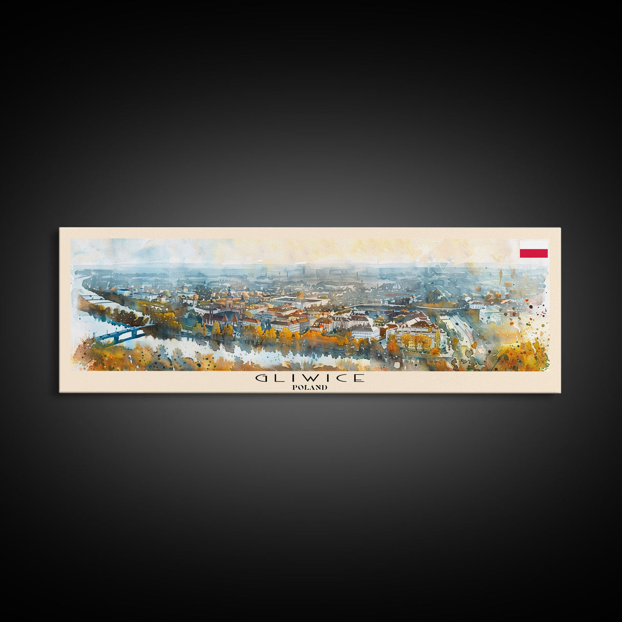 Gliwice Poland Panoramic Travel Poster, Framed Canvas Print or Metal Wall Art, Travel Art, Home Decor, Panoramic Painting, Midcentury Art