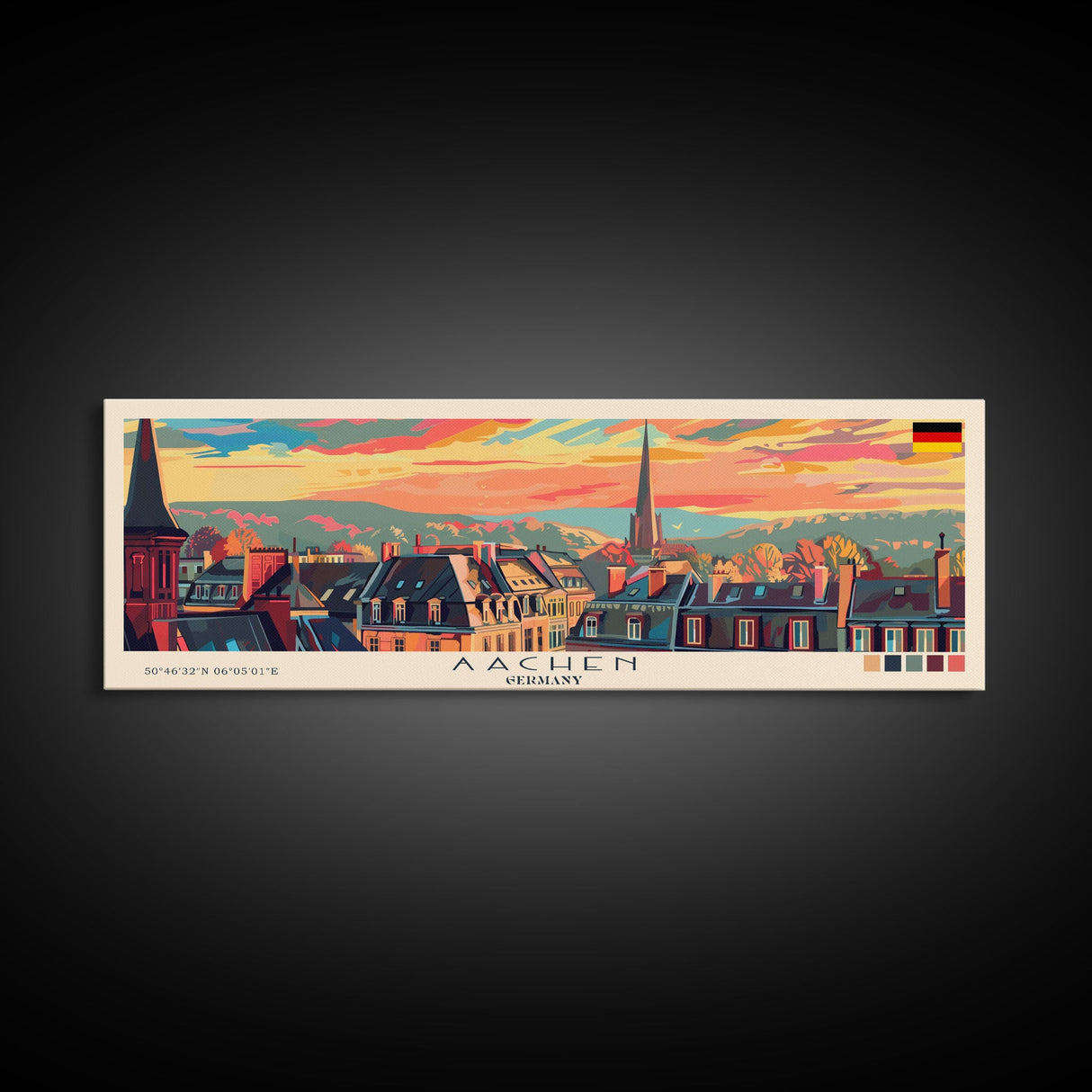 Aachen Germany Panoramic Travel Poster, Framed Canvas Print or Metal Wall Art, Travel Art, Home Decor, Panoramic Painting, Midcentury Art