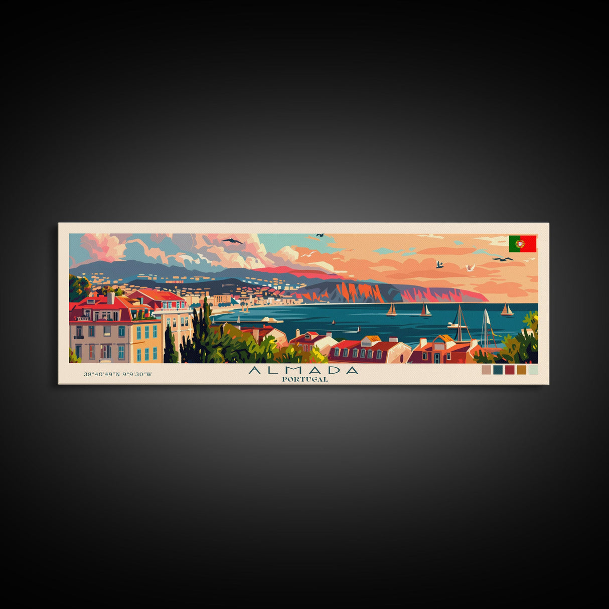 Almada Portugal Travel Art, City Art, Framed Canvas Print or Metal Wall Art, Europe Travel Poster, Panoramic Wall Art, Extra Wide Wall Art