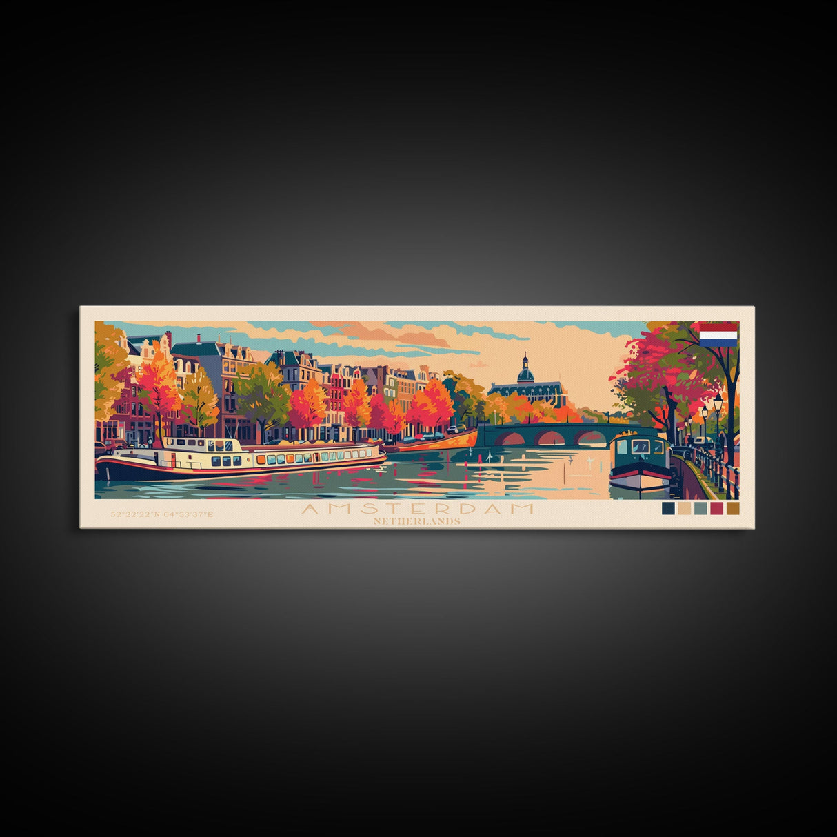 Amsterdam Netherlands Travel Art, City Art, Framed Canvas Print or Metal Wall Art, Europe Travel Poster, Panoramic Wall Art, Extra Wide Wall Art