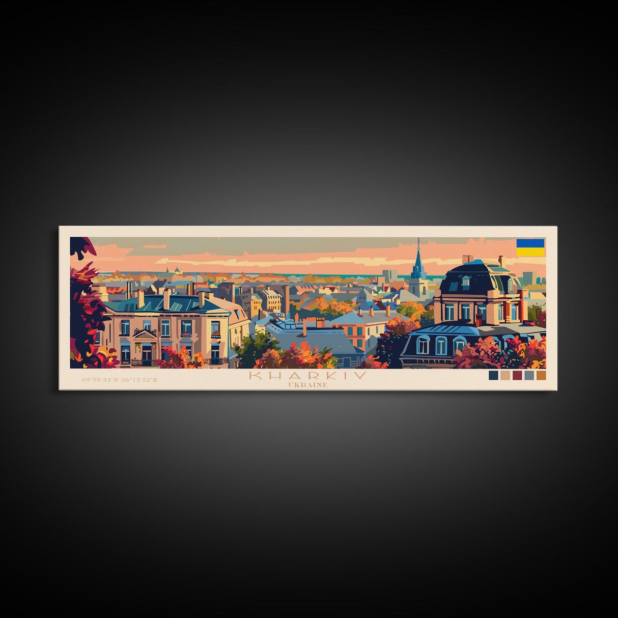 Kharkiv Ukraine Panoramic Travel Poster, Framed Canvas Print or Metal Wall Art, Travel Art, Home Decor, Panoramic Painting, Midcentury Art