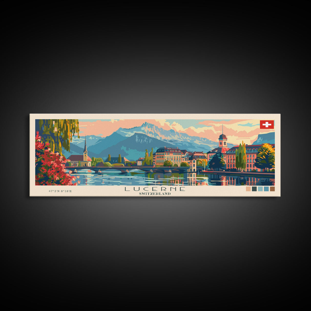 Lucerne Switzerland Travel Art, City Art, Framed Canvas Print or Metal Wall Art, Europe Travel Poster, Panoramic Wall Art, Extra Wide Wall Art