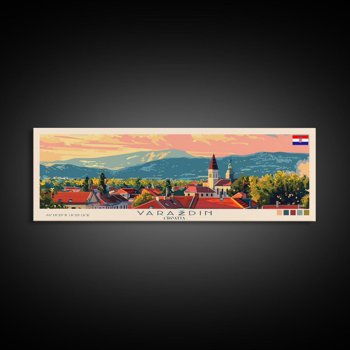 Varaždin Croatia Panoramic Travel Poster, Framed Canvas Print or Metal Wall Art, Travel Art, Home Decor, Panoramic Painting, Midcentury Art