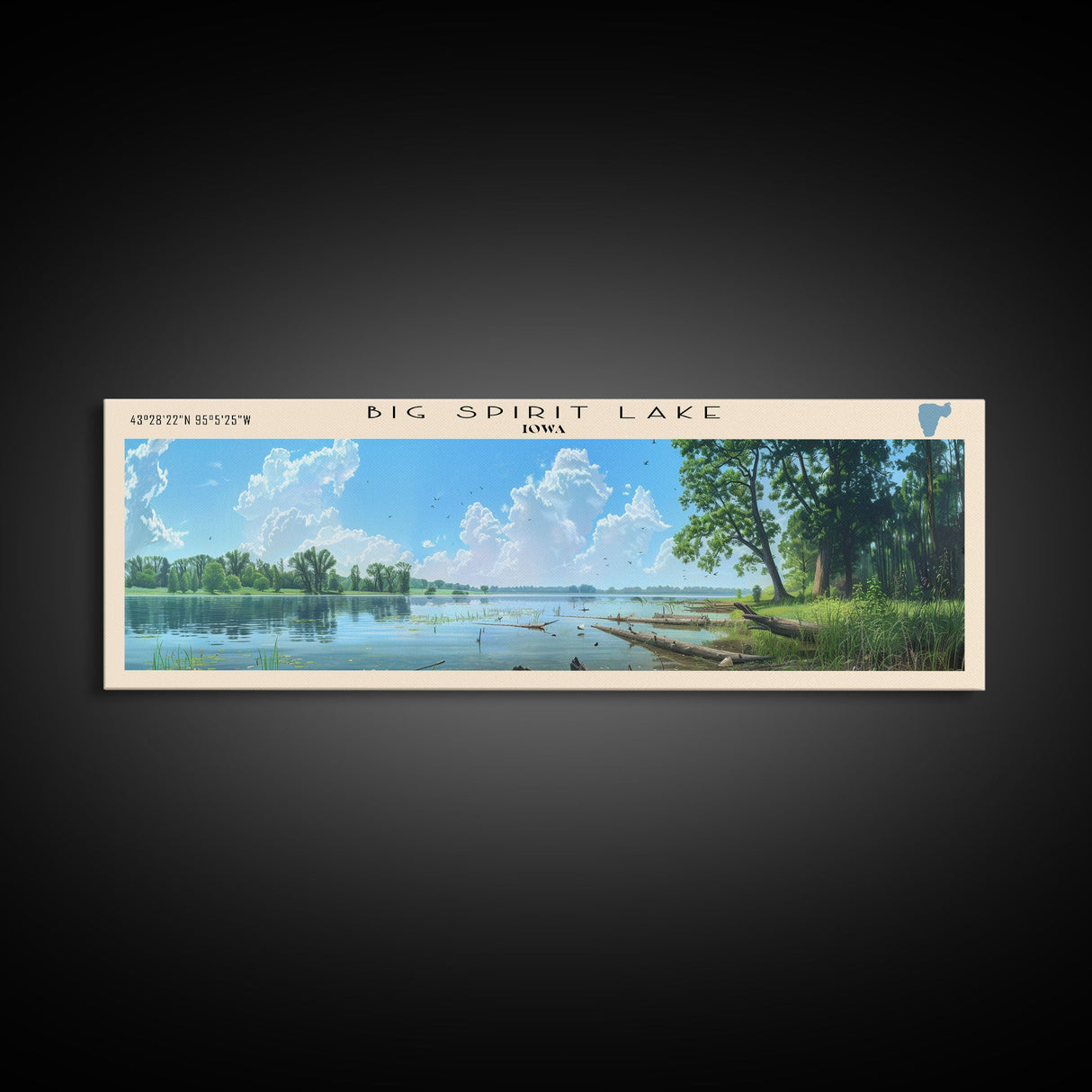 Big Spirit Lake Iowa Framed Canvas Print, Panoramic Lake House Decor, Scenic View, Travel Poster, Rustic Art, Lake Painting