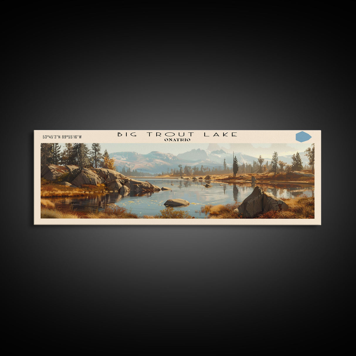 Big Trout Lake Framed Canvas Print, Lake House Art, Panoramic Scenic View, Travel Poster, Minimalist Wall Art, Lake Painting