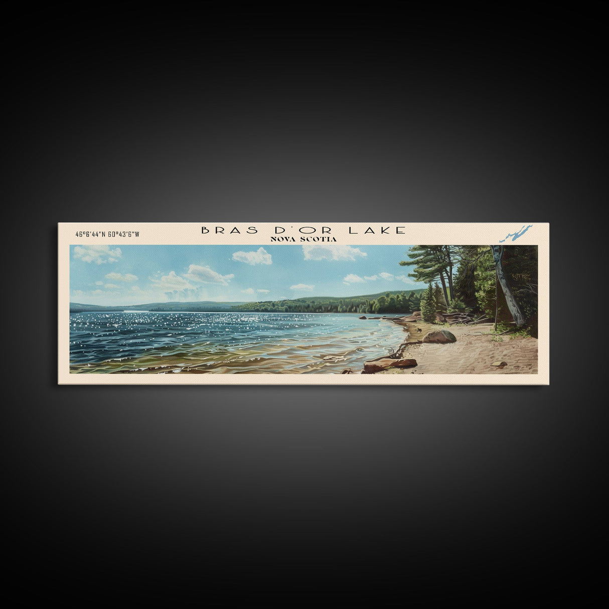 Bras d'Or Lake Framed Canvas Print, Panoramic Lake House Decor, Wall Art, Travel Poster, Rustic Lake Painting, Home Decor