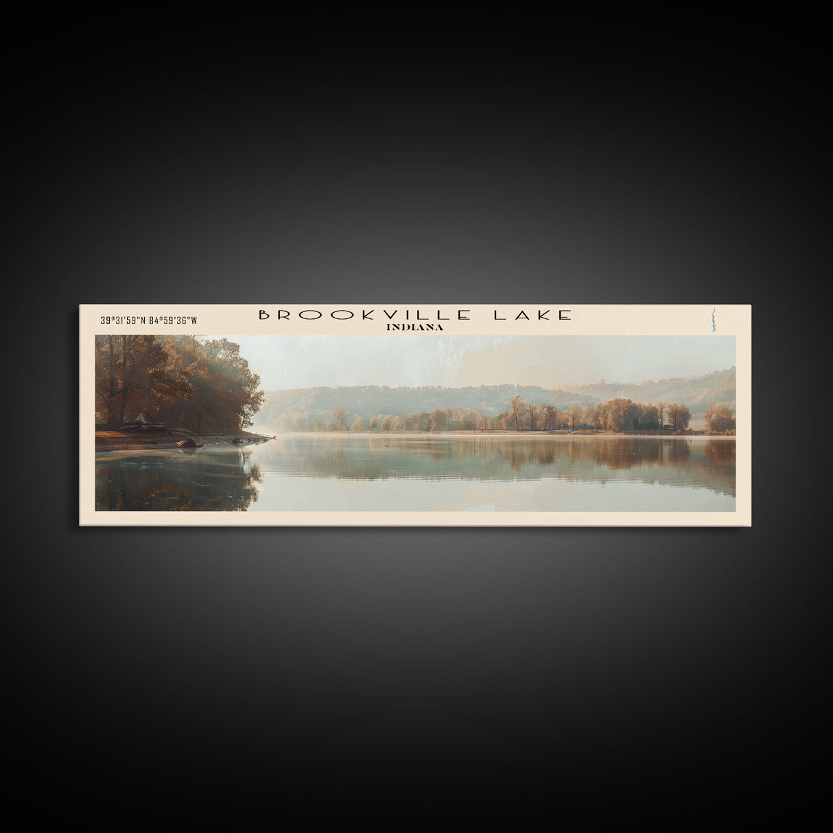 Brookville Lake Indiana Framed Canvas Print, Lake House Decor, Panoramic Wall Art, Travel Poster, Rustic Lake Painting, Nature Art
