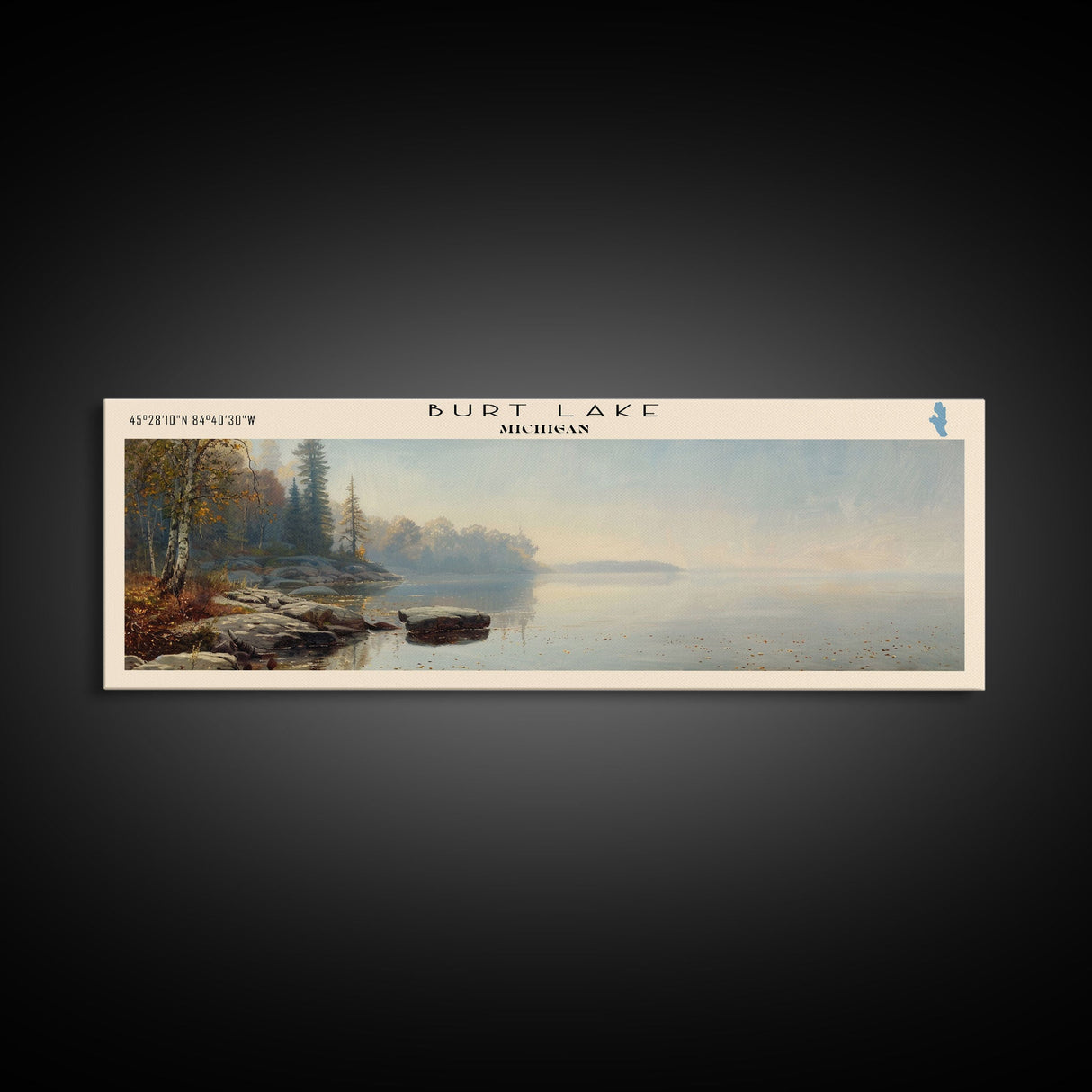 Burt Lake Michigan Framed Canvas Print, Panoramic Lake House Decor, Wall Art, Travel Poster, Rustic Lake Painting, Nature Art