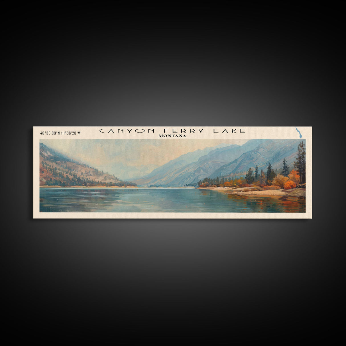 Canyon Ferry Lake Montana Framed Canvas Print, Lake House Art, Panoramic Wall Art, Travel Poster, Rustic Lake Painting, Nature Art