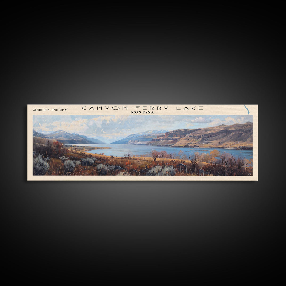Canyon Ferry Lake Framed Canvas Print, Panoramic Lake House Decor, Wall Art, Travel Poster, Modern Lake Painting, Home Decor