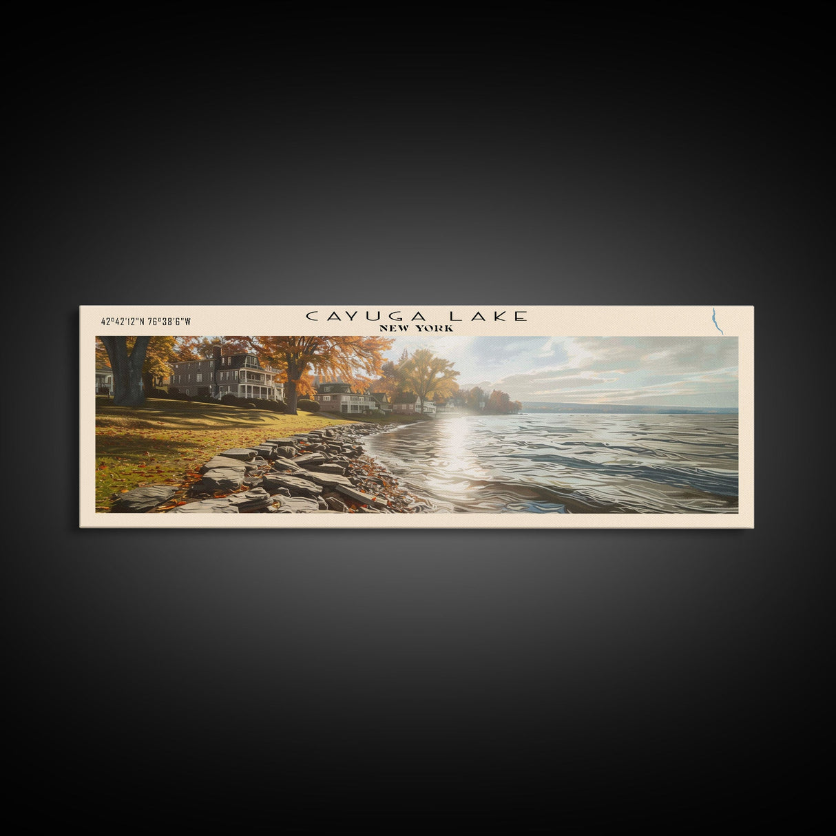 Cayuga Lake New York Framed Canvas Print, Lake House Art, Panoramic Travel Poster, Wide Wall Art, Modern Lake Painting, Home Decor