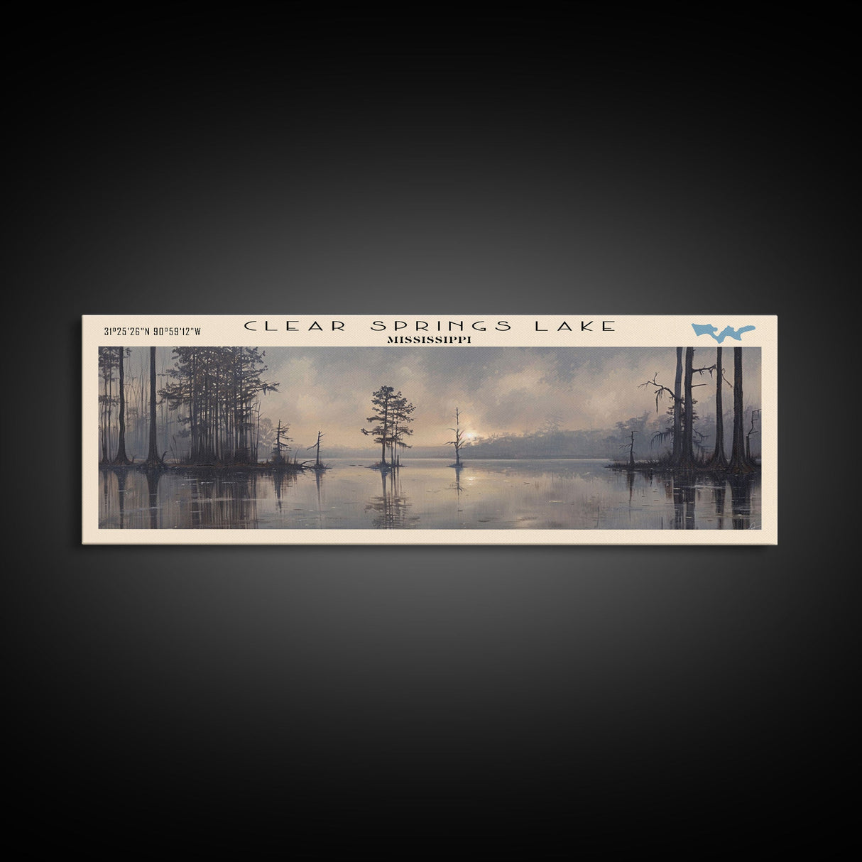 Clear Springs Lake Mississippi Framed Canvas Print, Panoramic Lake House Decor, Wide Wall Art, Travel Poster, Modern Lake Painting, Nature Art