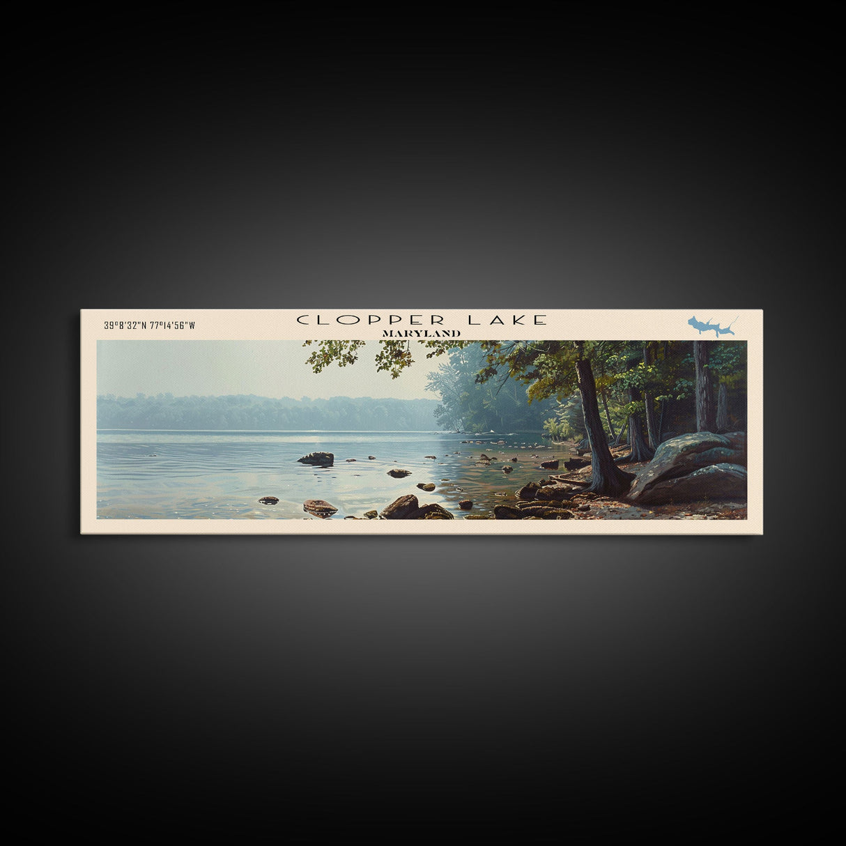 Clopper Lake Maryland Framed Canvas Print, Lake House Art, Panoramic Wide Art, Travel Poster, Minimalist Lake Painting, Home Decor