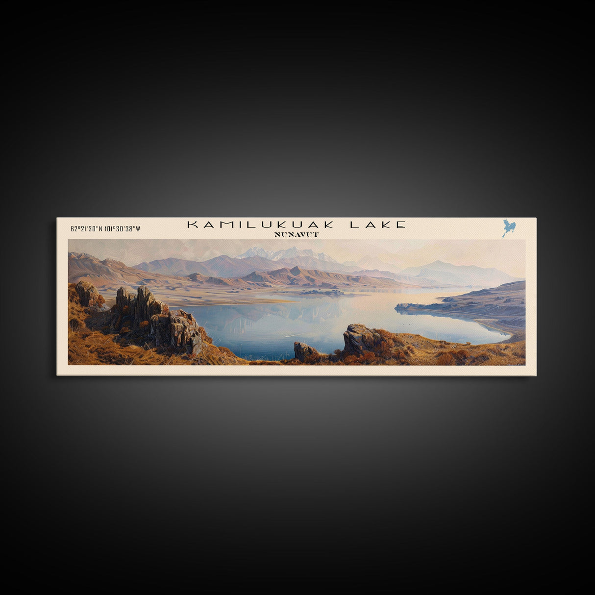 Kamilukuak Lake Framed Canvas Print, Lake House Decor, Panoramic Wall Art, Travel Poster, Captivating Lake Painting, Nature Art