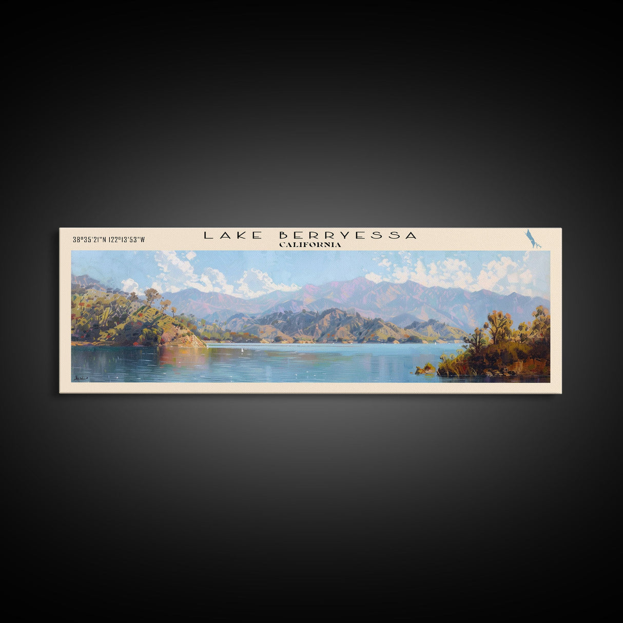 Lake Berryessa California Framed Canvas Print, Panoramic Lake House Decor, Wall Art, Travel Poster, Serene Lake Painting, Home Decor