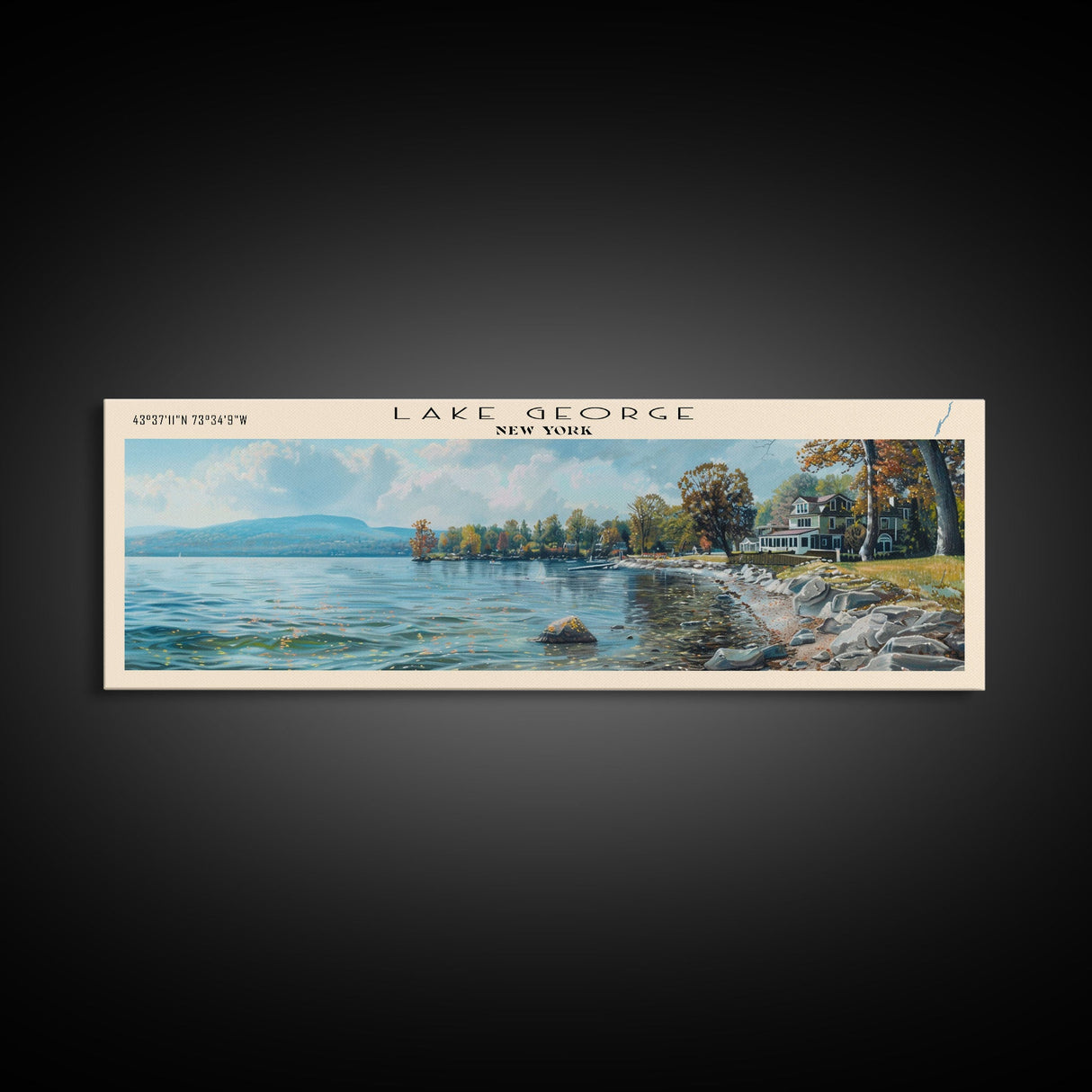 Lake George New York Framed Canvas Print, Lake House Decor, Panoramic Wall Art, Travel Poster, Stunning Landscape Painting, Home Art