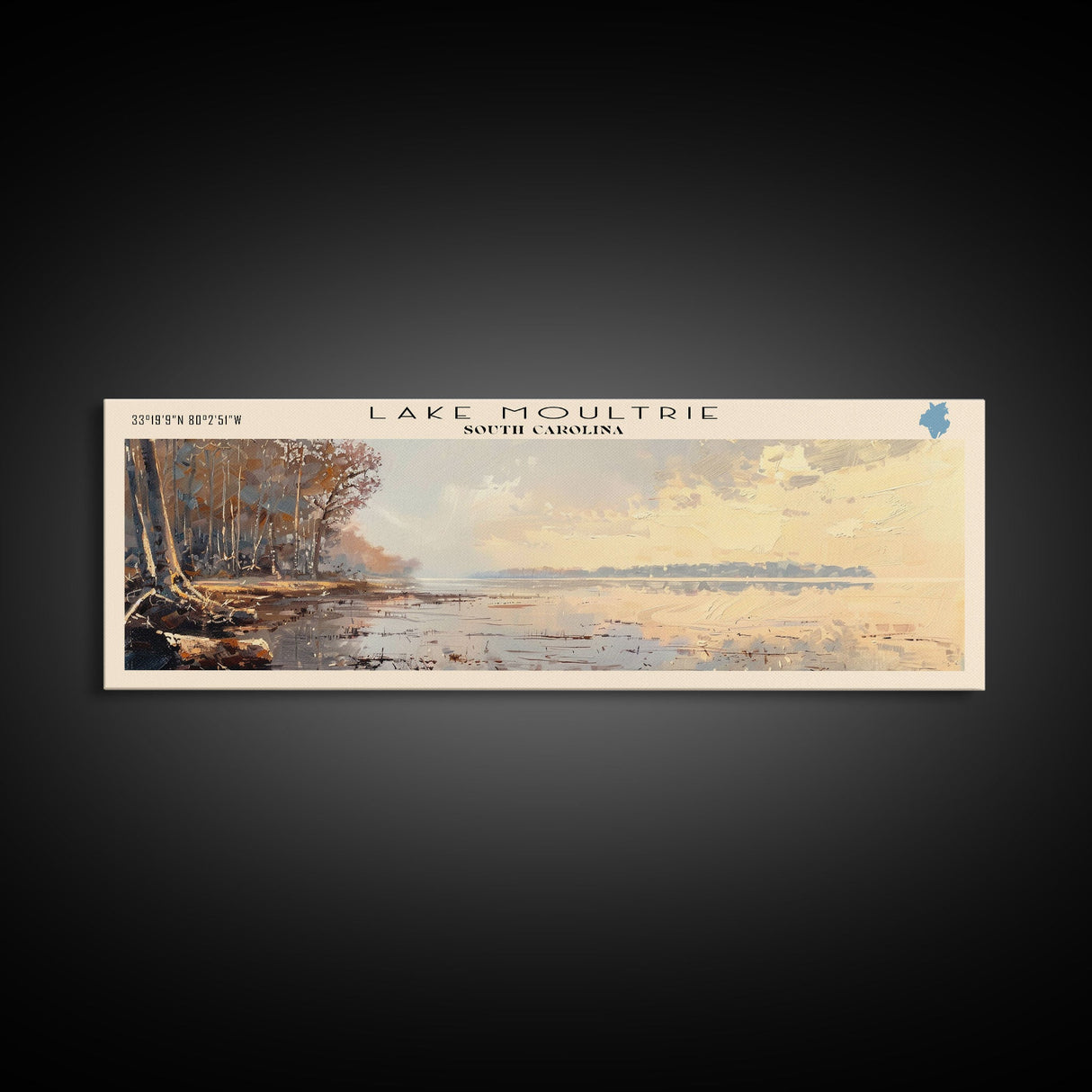 Lake Moultrie Framed Canvas Print, Lake House Decor, Panoramic Wall Art, Travel Poster, Scenic Landscape Painting, Living Room Decor