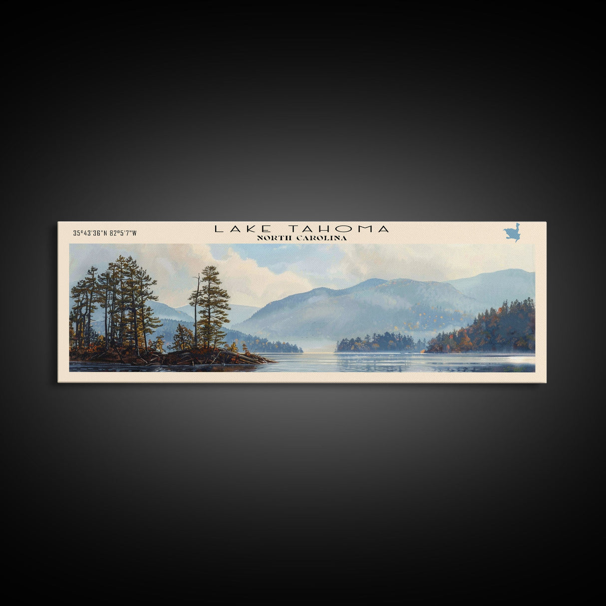 Lake Tahoma North Carolina Framed Canvas Print, Lake House Decor, Panoramic Wall Art, Travel Poster, Serene Landscape Painting, Rustic Art