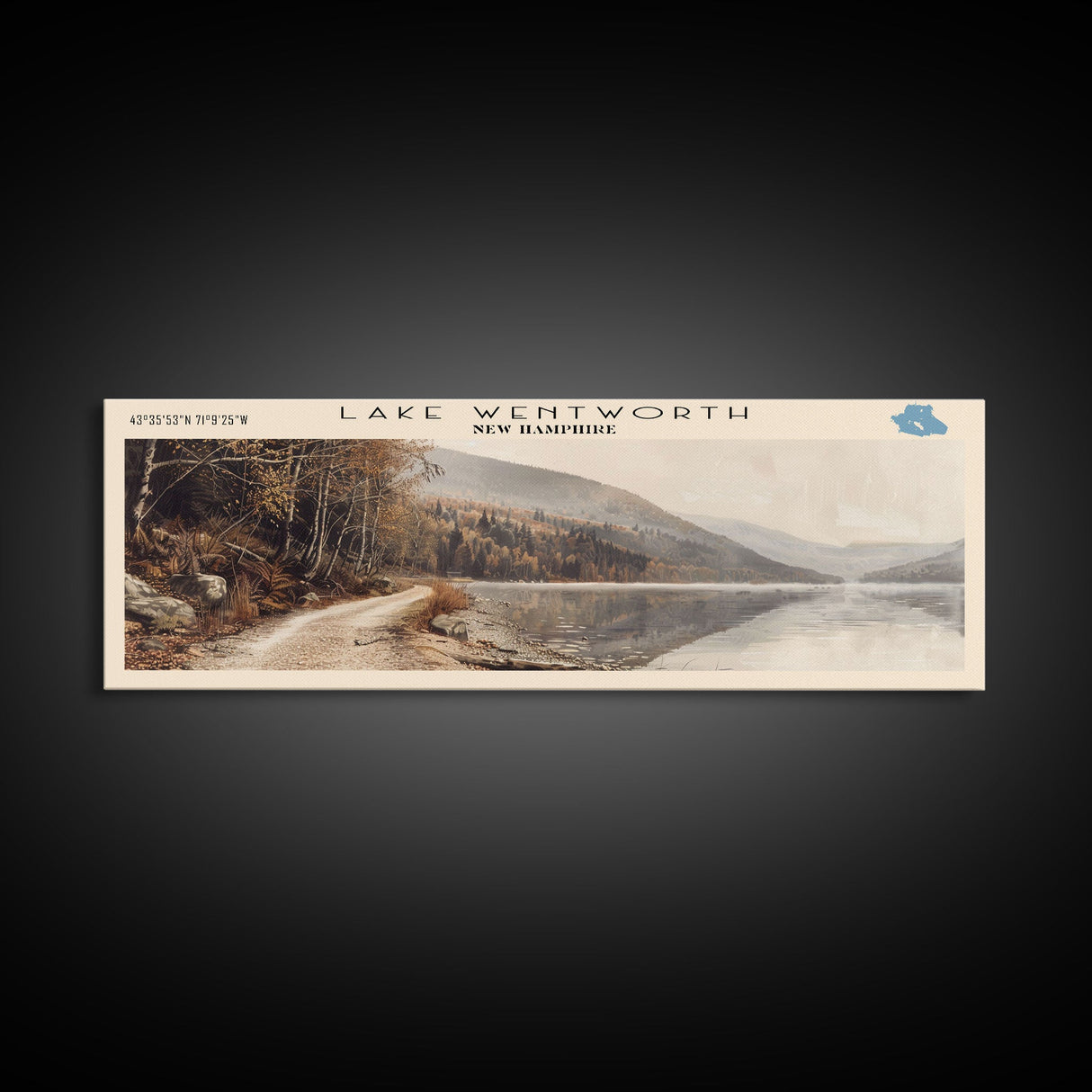 Lake Wentworth New Hampshire Framed Canvas Print, Lake House Decor, Panoramic Wall Art, Travel Poster, Scenic Landscape Painting, Rustic Art