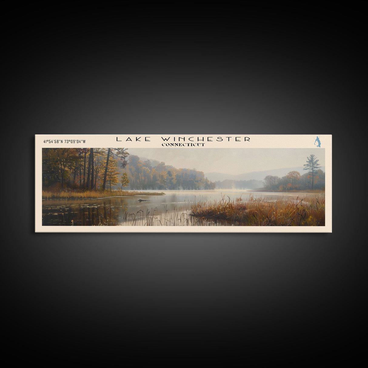 Lake Winchester Connecticut Framed Canvas Print, Lake House Decor, Panoramic Wall Art, Travel Poster, Landscape Painting, Contemporary Art