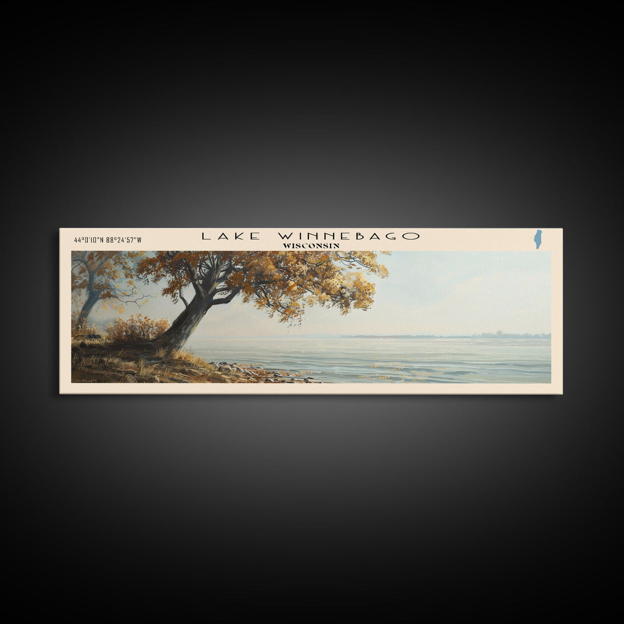 Lake Winnebago Framed Canvas Print, Lake House Decor, Panoramic Wall Art, Travel Poster, Beautiful Landscape Painting, Living Room Decor