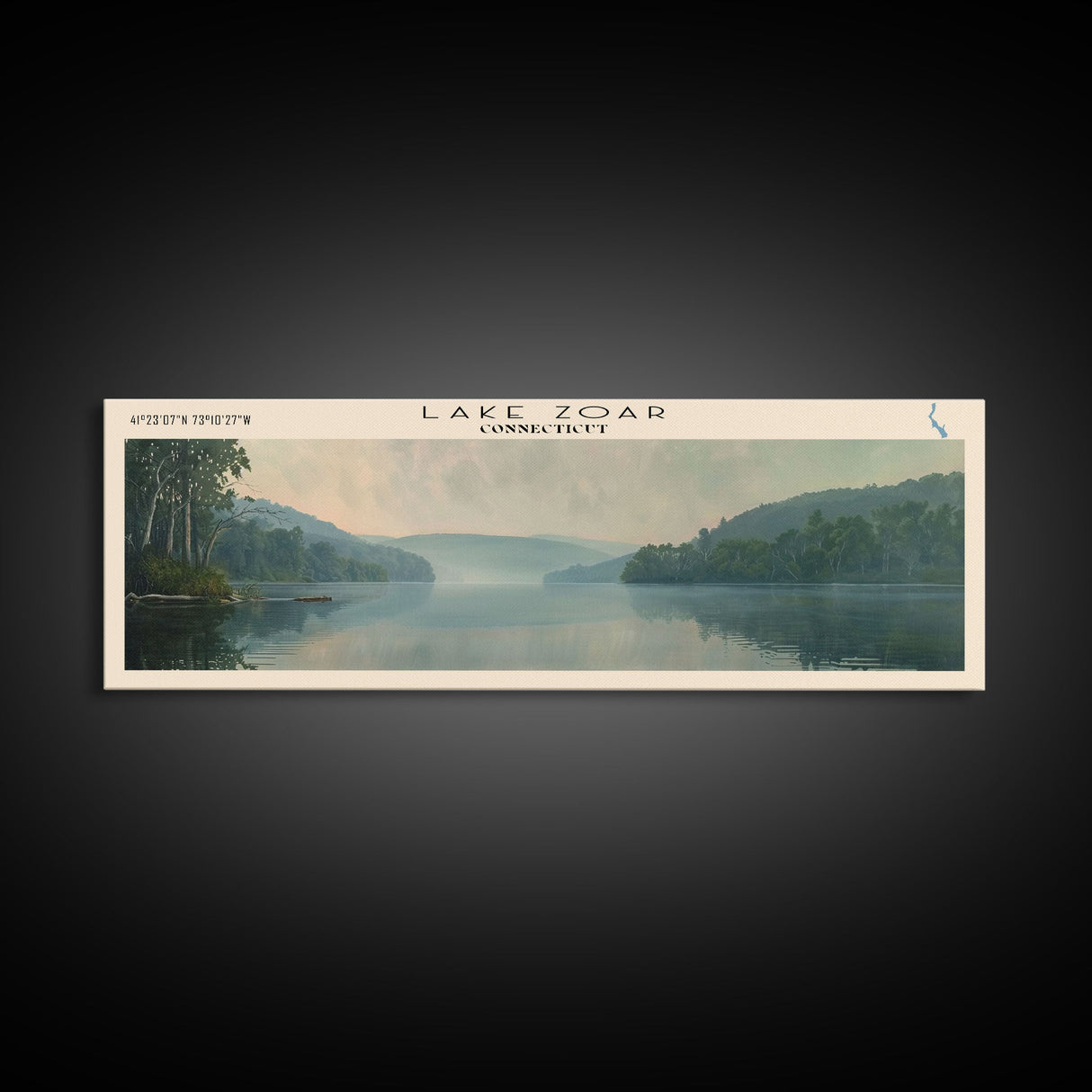 Lake Zoar Connecticut Framed Canvas Print, Lake House Decor, Panoramic Wall Art, Travel Poster, Landscape Painting, Living Room Decor