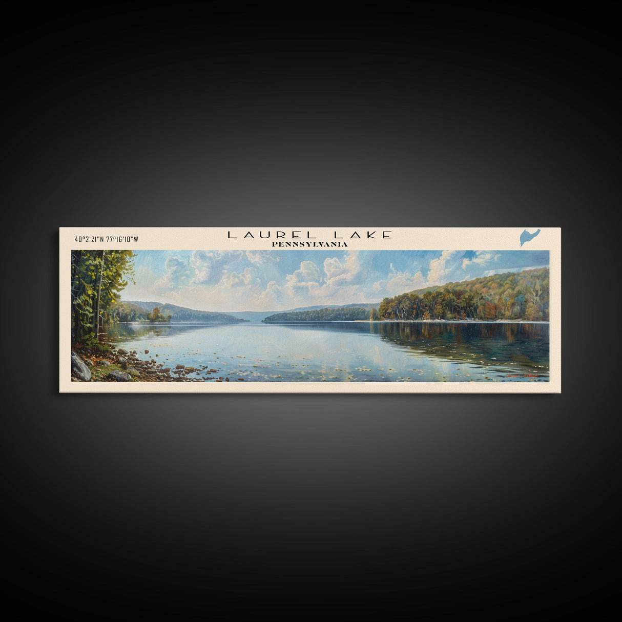Laurel Lake Pennsylvania Framed Canvas Print, Lake House Decor, Panoramic Wall Art, Travel Poster, Landscape Painting, Bedroom Decor