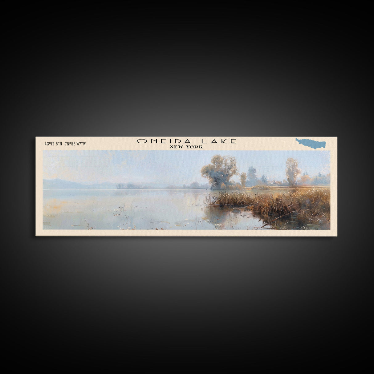 Oneida Lake Framed Canvas Print, Lake House Decor, Panoramic Wall Art, Travel Poster, Beautiful Landscape Painting, Living Room Decor