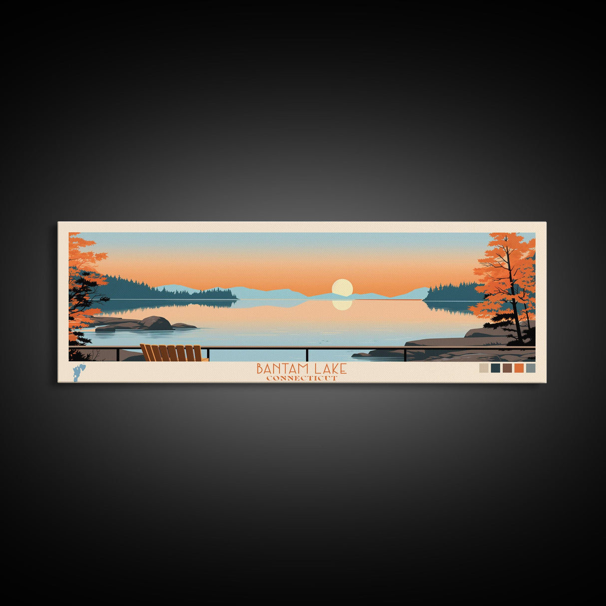 Bantam Lake Connecticut Framed Canvas Print, Panoramic Wall Art, Midcentury Modern, Pop Art, Travel Poster, Scenic Living Room Art