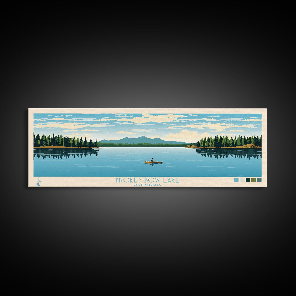 Broken Bow Lake Oklahoma Framed Canvas Print, Pop Art Panoramic Travel Poster, Midcentury Modern, Wall Art, Scenic Nature Painting, Bedroom Decor