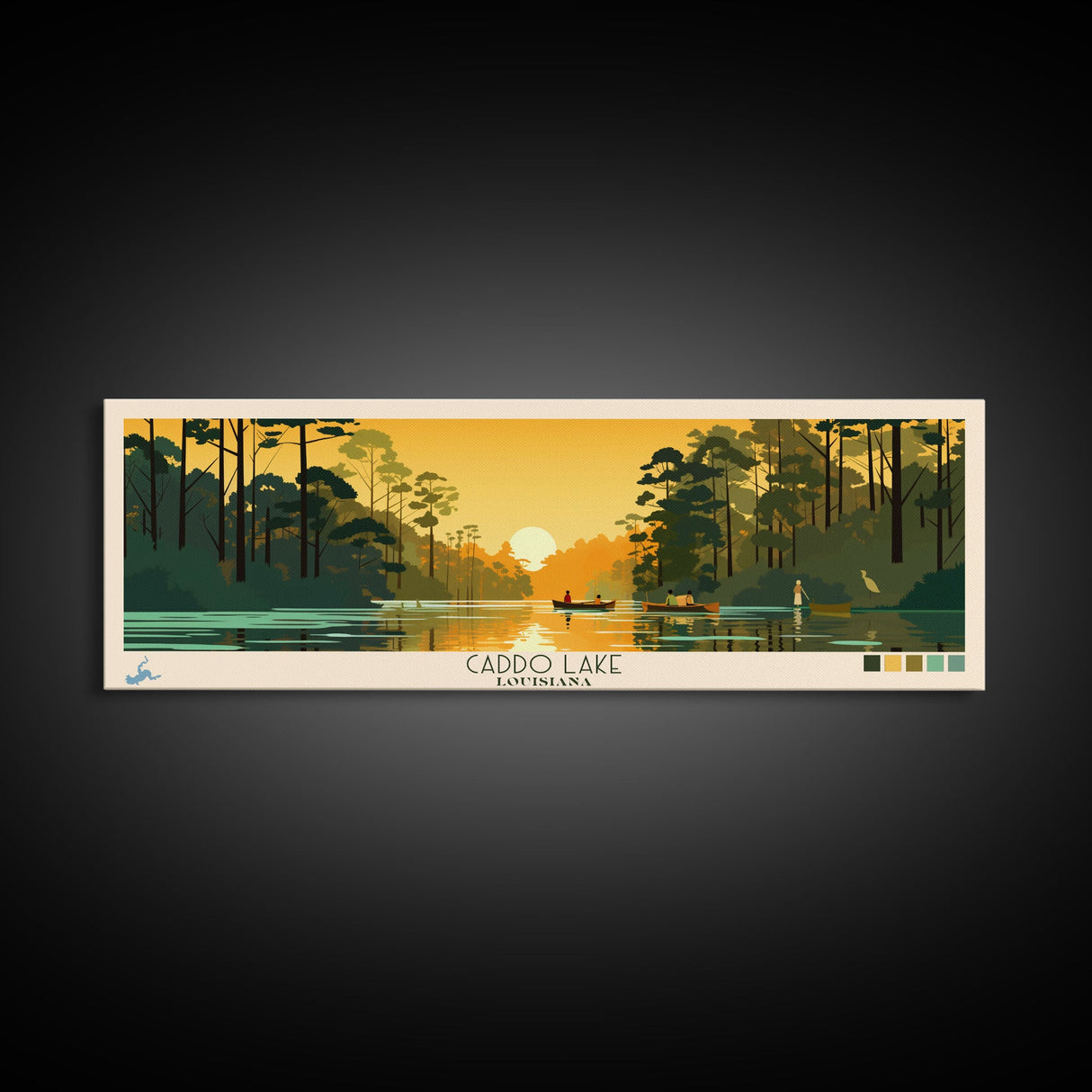Caddo Lake Louisiana Framed Canvas Print, Pop Art Panoramic Travel Poster, Midcentury Modern, Wall Art, Scenic Nature Painting, Bedroom Decor