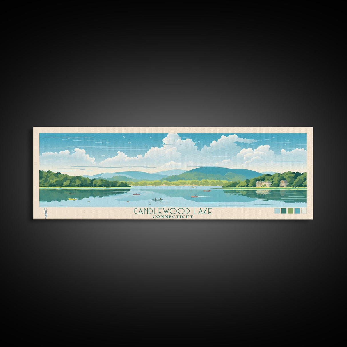 Candlewood Lake Connecticut Framed Canvas Print, Pop Art Panoramic Travel Poster, Midcentury Modern, Wall Art, Scenic Nature Painting, Bedroom Decor