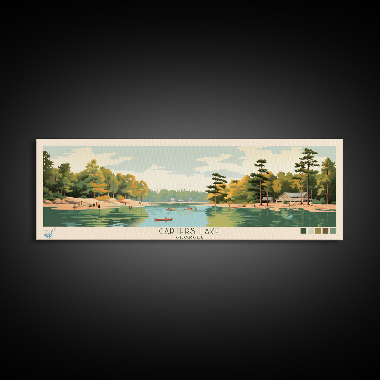 Carters Lake Georgia Framed Canvas Print, Pop Art Panoramic Travel Poster, Midcentury Modern, Wall Art, Scenic Nature Painting, Bedroom Decor, Living Room Art