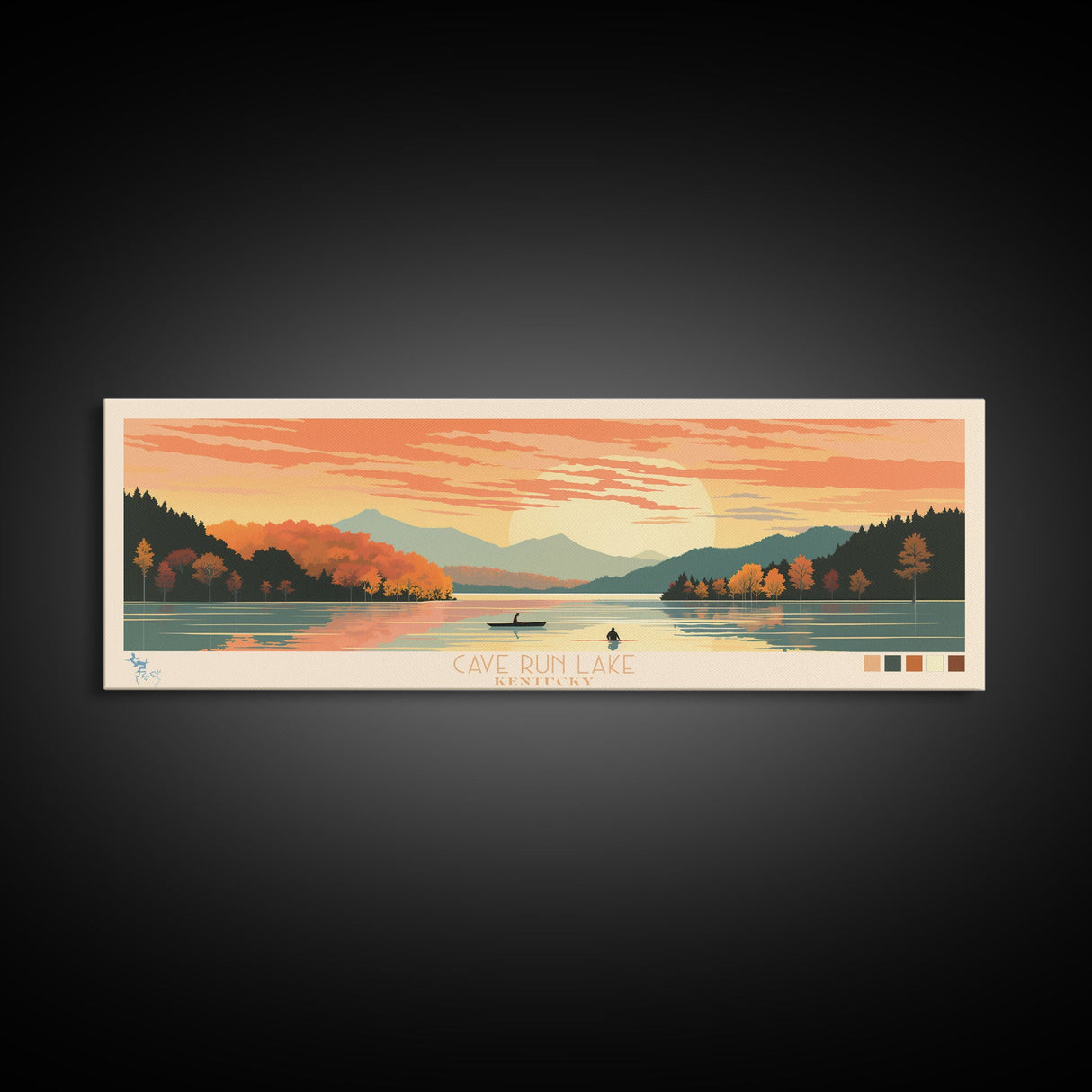 Cave Run Lake Kentucky Framed Canvas Print, Midcentury Modern Panoramic Wall Art, Living Room Decor, Pop Art, Travel Poster Art, Nature Art, Lake House Decor