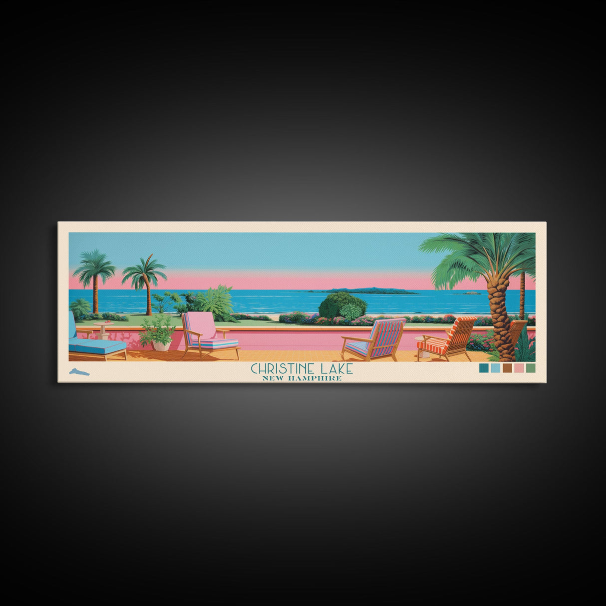 Christine Lake New Hamphire Framed Canvas Print, Pop Art Panoramic Travel Poster, Midcentury Modern, Wall Art, Scenic Nature Painting, Bedroom Decor, Living Room Art