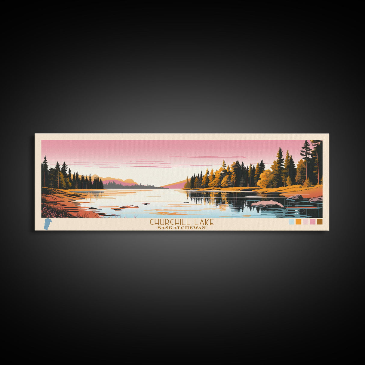 Churchill Lake Saskatchewan Framed Canvas Print, Midcentury Modern Panoramic Wall Art, Living Room Decor, Pop Art, Travel Poster Art, Scenic Nature Painting, Lake House Decor