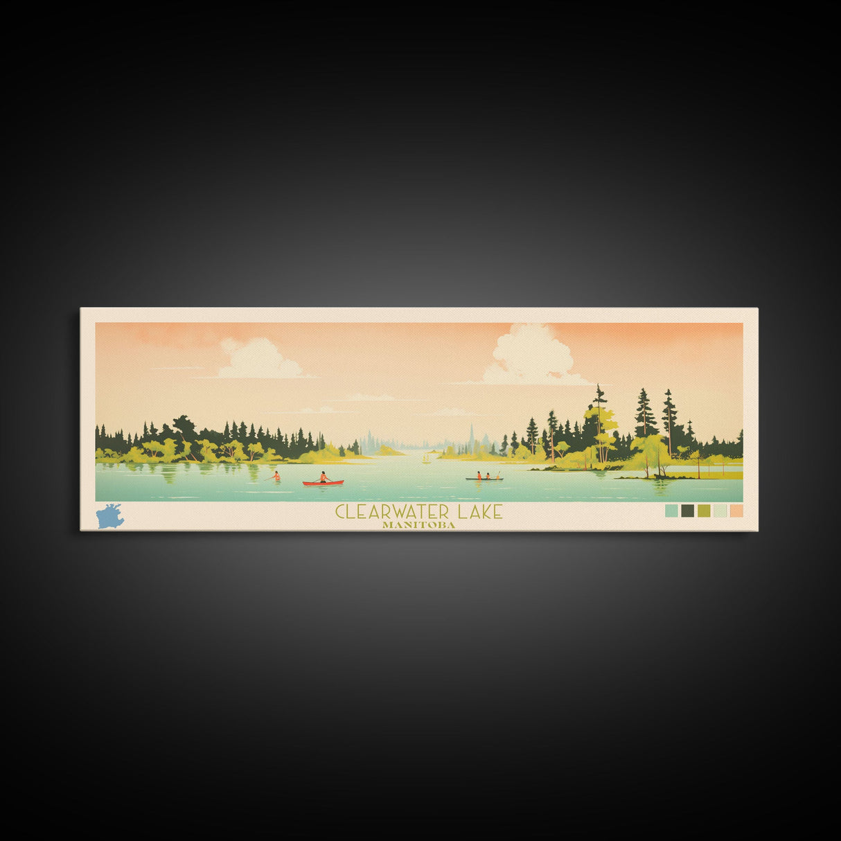 Clearwater Lake Manitoba Framed Canvas Print, Midcentury Modern Panoramic Wall Art, Living Room Decor, Pop Art, Travel Poster Art, Scenic Nature Painting, Lake House Decor